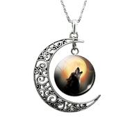 925 Sterling Silver Crescent Moon Necklace For Women And Men, Wolf Glass Cabochon Clavicle Necklace, Phase Moonglow Half