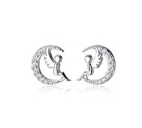 925 Sterling Silver Crystal Angel Wings Tiny Earrings Angel Baby Fairy Moon Jewelry Cute Allergy Free Ear Studs For Women Princess Gifts