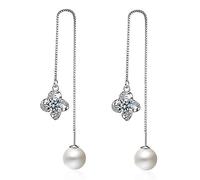 925 Sterling Silver Crystal Flower Threader Dangle Earring, Round Pearl Drop Earrings, Pull Through Ear Line Dangling Earrings, Jewelry Gift for Women