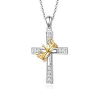 925 Sterling Silver Cubic Zircon Cross Necklace with 14K Crown Pendant Necklace for Women Adjustable Chain 18+2" Faith Present Jewelry Birthday Christmas Valentine's Day for Friend
