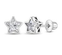 925 Sterling Silver CZ Simulated Diamond Birthstone Bezel Set Stars Screw Back Earrings For Toddlers & Little Girls - Adorable Clear Star Earrings For Preteen Girls - Glimmering Clear CZ Stars