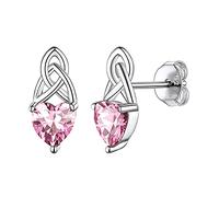 925 Sterling Silver Dainty Cute Hypoallergenic Triquetra Celtic Knot Heart Shaped Simulated Pink Tourmaline October Birthstone Stud Earrings Irish Jewelry for Women Teens
