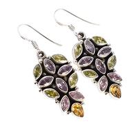 925 Sterling Silver Dangle Earrings 5x3mm Citrine Pink Purple Green Quartz Pear Marquise Faceted Multicolor Gemstone Drop Earrings Bezel Set Long Handmade Jewelry