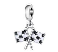 925 Sterling Silver Dangling Black and White Checkered Flags Birthday Charm Charms for Pandora Bracelet
