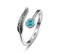 925 Sterling Silver December Birthstone Ring for Women, Adjustable Open Feather Ring Engraved "I am enough" Blue Topaz Turquoise Birth Stone Inspirational Jewelry Birthday Gift for Mom Wife Girls