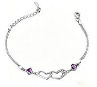 925 Sterling Silver Double Heart Bracelet for Women, Adjustable Interlocking Infinity Love Chain Bracelet with Purple Cubic Zirconia Birthstone, Jewelry Gift for Wife Girlfriend Mom