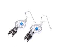 925 Sterling Silver Dreamcatcher with Turquoise Stone and Feather Drop Earrings