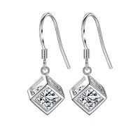925 Sterling Silver Drop Earrings For Women Gift Hollow Moving Crystal Square Pendant Jewelry