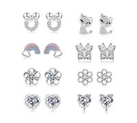 925 Sterling Silver Earrings，8 Pair Silver Studs Earrings for Women Hypoallergenic Kids Earring Sterling Silver Stud Earring for Teenage Girls Ages 3-18 Childrens Cubic Zirconia Stud Set