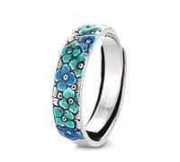 925 Sterling Silver Enamel Flower Pattern Ring for Women Lucky Wide Vintage Plum Blossom Sakura Statement Eternity Band Stacking Adjustable Opening Rings