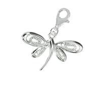 925 Sterling Silver Filigree Dragonfly Dangle Clasp European Lobster Clip On Charm