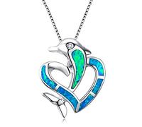 925 Sterling Silver Filled Best Blue Fire Opal Dolphin & Heart Crossed Pendant Necklaces For Women