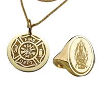 925 Sterling Silver Fire Dept Pendant Necklace & Signet Ring |LK_PCOM_0076 | 925 Sterling Silver Pendant Size 24mm Gold Plated Firefighter Valor Charm Meaningful Jewelry Set
