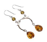 925 Sterling Silver Fish Hook Earrings - Citrine Quartz Pear & Round Faceted Yellow Gems in Bezel, 70mm Stunning Sparkle