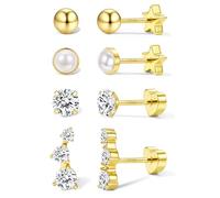 925 Sterling Silver Flat Back Earrings for Women Hypoallergenic 14K Gold Plated Stud Earrings Set Double Sided CZ Heart Bow Star Earring Stack Cartilage Tragus Helix Piercing Jewellery Golden Pearl