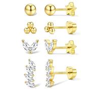 925 Sterling Silver Flat Back Earrings for Women Hypoallergenic 14K Gold Plated Stud Earrings Set Double Sided CZ Heart Bow Star Earring Stack Cartilage Tragus Helix Piercing Jewellery Golden Ball