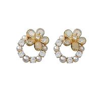 925 Sterling Silver Flat Back Earrings for Women, Minimalist Flower Studs with Pearl and Crystal, Birthday Gifts for Her, Jewelry Gift Box Included