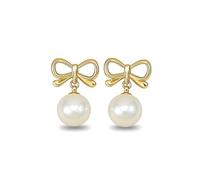 925 Sterling Silver Flat Back Earrings for Women, Minimalist Pearl Studs with Gold Bow Design, Birthday Gifts for Her, Jewelry Gift Box Included