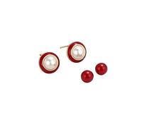 925 Sterling Silver Flat Back Earrings with Red Enamel and Pearl Studs, Hypoallergenic Sleep Earrings for Sensitive Ears, Birthday Gifts for Her, Jewelry Gift Box Included