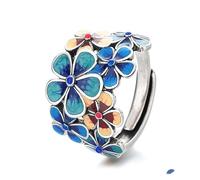 925 Sterling Silver Flower Pattern Enamel Statement Ring for Women Blue Bloom Petal Wedding Engagement Charm Classics Rings Cocktail Party Art Deco Stackable Adjustable Ring, KE-HR670-RS02