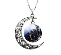 925 Sterling Silver for Men and Women, Glass Cabochon Wolf Clavicle Phase Moonglow Crescent Moon Necklace