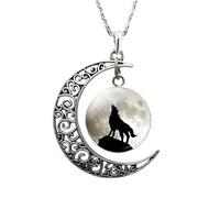 925 Sterling Silver for Men and Women, Glass Cabochon Wolf Clavicle Phase Moonglow Crescent Moon Necklace