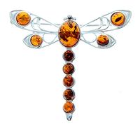 925 Sterling Silver & Genuine Baltic Amber Cognac Colour Dragonfly Brooch 4032C