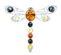 925 Sterling Silver & Genuine Baltic Amber Mixed Colour Dragonfly Brooch 4032