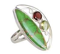 925 Sterling Silver Green Copper Turquoise Peridot Garnet Ring Marquise and Round Cabochon 36x12mm Handmade Boho Artisan Gemstone Fashion Jewelry Gift M 1/2, 53 (16.9)
