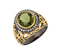 925 Sterling Silver Handmade Ring Moldavite and Cubic Zirconia Ring Bezel Set Oval and Round Green Faceted Gemstones Gift for Women Q1/2, 58(18.5)