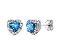 925 Sterling Silver Heart Brilliant Cut Cubic Zirconia CZ Halo Stud Earrings for Women Girls Tiny Cute Comfy Created Blue Topaz December Birthstone Hypoallergenic Wedding Bridesmaid Earrings