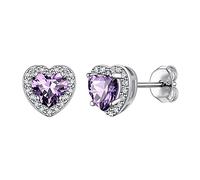 925 Sterling Silver Heart Brilliant Cut Cubic Zirconia CZ Halo Stud Earrings for Women Girls Tiny Cute Comfy Simulated Purple Amethyst February Birthstone Hypoallergenic Wedding Bridesmaid Earrings