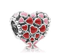 925 Sterling Silver Heart Charm Bead with Red and Pink Enamel, European Style Bracelet Compatible With PandaCharms, Pandora dn Trollbeads