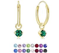 925 Sterling Silver Hoop Earrings 24K Gold Plated with Green Crystal Drop 3 mm - Emerald Earrings - Dangle Sleeper Hoops for Women - Hypoallergenic, Gift Boxed