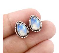 925 Sterling Silver Hoop Earrings for Women - Handmade Pear Cabochon Gemstone Jewelry, 7x10 mm - Dangle, Everyday & Statement Gift BY SILVESTO INDIA (Moonstone)