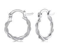 925 Sterling Silver Hoop Earrings for Women, White Gold Plated Silver Hoops Earrings, Hypoallergenic Silver Sleeper Twisted Hoop Earrings, 16mm Hoop Earring, Birthday Jewelry Gift for Women