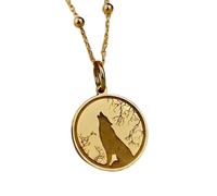 925 Sterling Silver Howling Wolf Pendant Necklace Gold |LK_NLC_00766 | plated round wolf silhouette nature charm with 18 inch cable chain 28mm wildlife inspirational jewelry