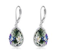 925 Sterling Silver Hummingbird Dangle Earrings for Women with Moss Agate Lightweight Hypoallergenic Elegant Bird Stud Earrings, Gift for Her, Christmas, Mother’s Day, Birthday