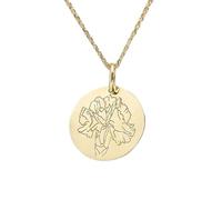 925 Sterling Silver Iris Flower Pendant Necklace, Gold |LK_NLC_00151 | plated round botanical engraved pendant, 28mm floral nature medallion with 18 inch cable chain, bloom