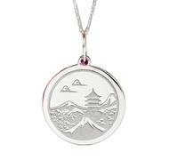 925 Sterling Silver Japanese Pagoda Mountain Landscape |LK_NLC_02316 | pendant necklace with 18 inch cable chain round scenic nature temple engraved charm 24mm disc pendant