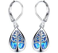 925 Sterling Silver Jewelry Exquisite Water Drop Blue White Fire Opal Life Tree Dangle Earrings For Women