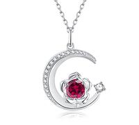 925 Sterling Silver July Birthstone Created Ruby Necklace Rose & Moon Pendant Red Gemstone Birthday Anniversary Jewellery Gifts for Women Girls Mother Daughter, Adjustable Chain
