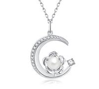 925 Sterling Silver June Birthstone Pearl Necklace Rose & Moon Pendant Birthday Anniversary Jewellery Gifts for Women Girls Mother Daughter, Adjustable Chain