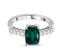 925 Sterling Silver Lab Grown Emerald & Moissanite Ring for Women - Rhodium Plated May Birthstone Ring - Cushion-Cut 1.65 Ct Center Stone - Engagement or Gift Jewelry - Size R
