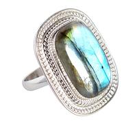 925 Sterling Silver Labradorite Ring with Square Cabochon Multi Gray Gemstone Bezel Set Adjustable Handmade Artisan Natural Jewelry Gift Size- 8.5_Q 1/2_58 (18.5)