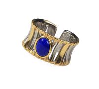 925 Sterling Silver Lapis Lazuli Open Ring, Adjustable Brushed Texture Ring with Gold, White & Black Rhodium Plated, Bold Vintage Statement Jewelry for Women