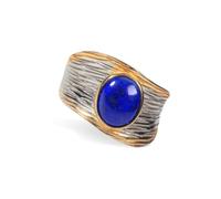 925 Sterling Silver Lapis Lazuli Wide Band Ring, Adjustable Asymmetric Brushed Ring with Gold Plated, Bold Vintage Statement Jewelry for Women