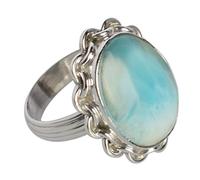 925 Sterling Silver Larimar Oval Cabochon Ring | Handmade Blue Gemstone Jewelry | 19x14mm Designer Silver Statement Ring for Women M 1/2, 53 (16.9)