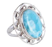 925 Sterling Silver Larimar Ring with Cabochon Oval Blue Gemstones Bezel Set Adjustable Handmade Artisan Natural Jewelry Gift Size- 8.5_Q 1/2_58 (18.5)