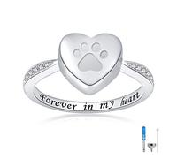 925 Sterling Silver Love Heart Urn Ring for pet Dog Cat's Ashes Keepsake Memorial Tiny Jewelry Forever in My Heart Paw Print Cremation Finger Rings, Metal, Cubic Zirconia